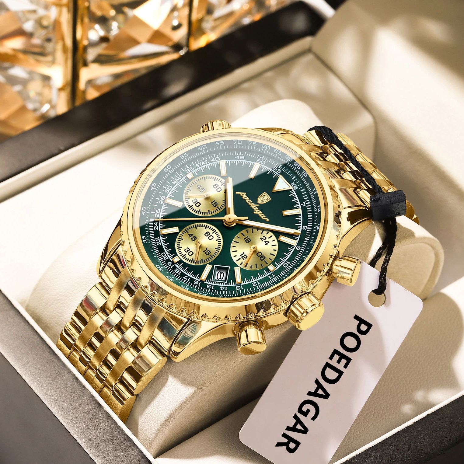 Luxury Watch Green Dial - POEDAGAR Top Luxury Male Wristwatch Chronograph
