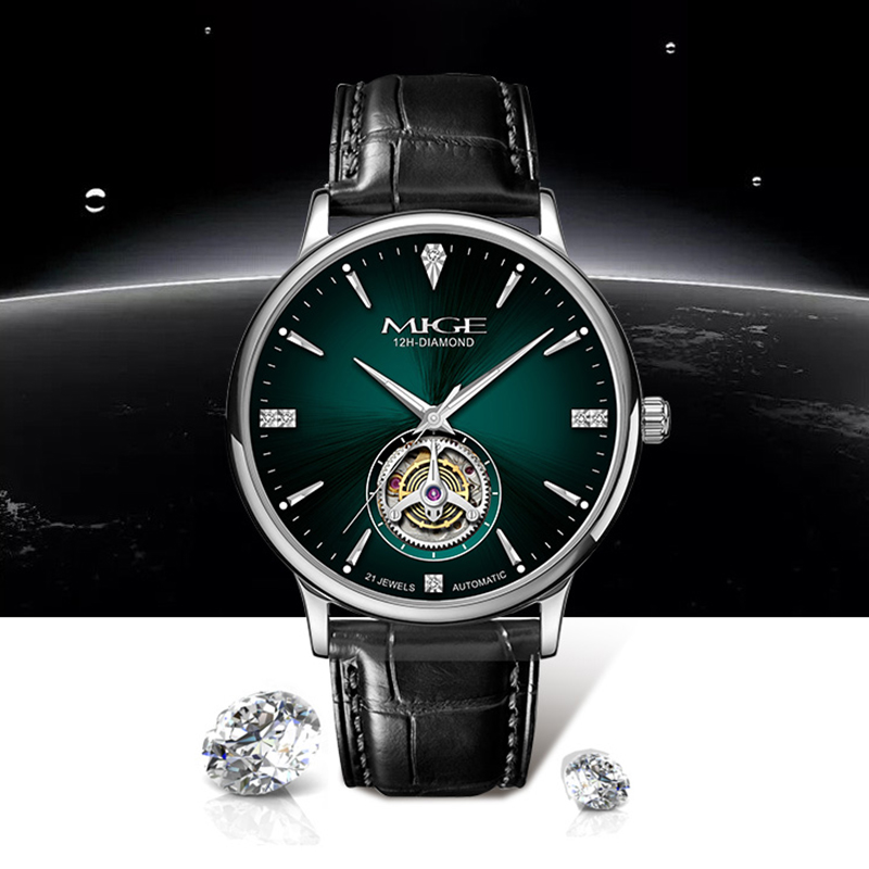 MIGE Thin Mens Open Heart Auto - Luxury Watch Green Dial ulasan dan harga