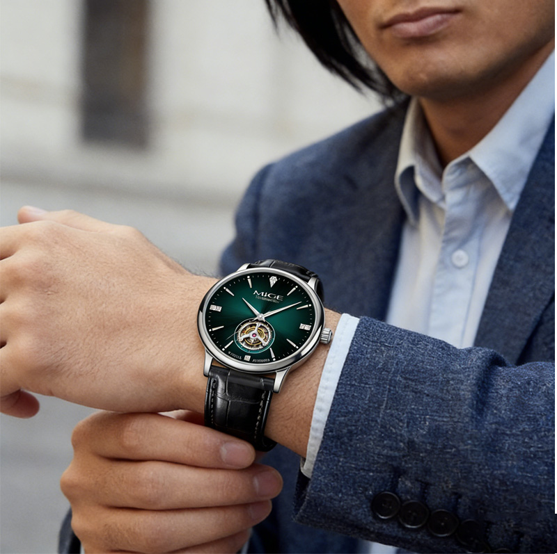 MIGE Thin Mens Open Heart Auto - Luxury Watch Green Dial ulasan dan harga